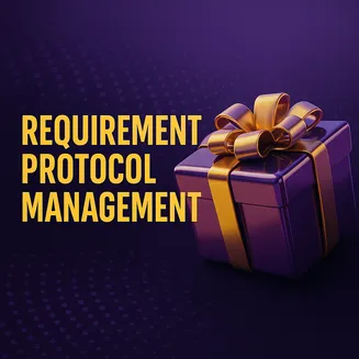 Purple gift box with golden ribbon next to bold yellow text “Requirement Protocol Management” on a dotted dark background